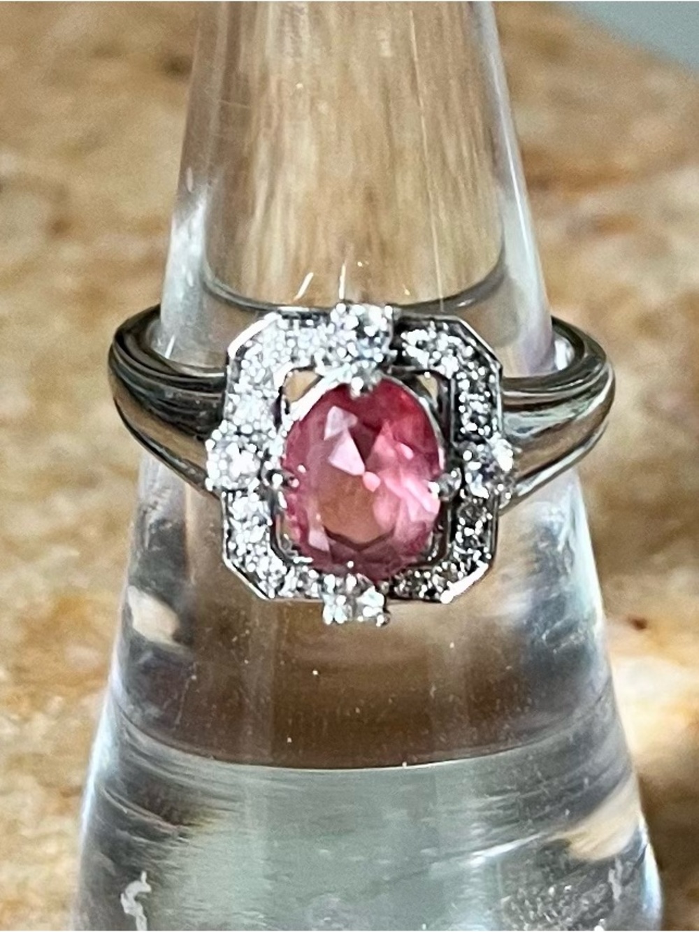 BP RETRO Pink Oval Halo Ring in Rhodium with Sparkling Accents